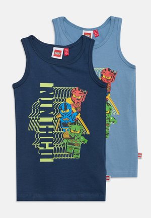 Two sleeveless LEGO Ninjago tank tops, one navy blue and one light blue, each with colorful ninja character graphics and logo.