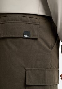 Pantalons cargo marron avec un tissu texturé, des poches à rabat et une étiquette de logo Jack Wolfskin. Conçus pour la fonctionnalité et la durabilité.