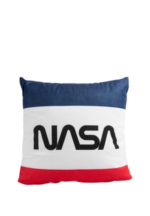 Square pillow with horizontal stripes in blue, white, and red, featuring black NASA logo centered on the white stripe.