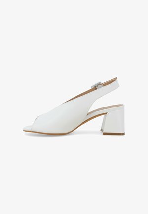 Sandalo slingback in pelle bianca con punta aperta e tacco a blocco, con cinturino regolabile con fibbia e suola liscia color tan.