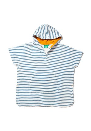 Streifenpullover mit Kapuze, blau-weiße Streifen auf einem weißen Untergrund, orange Innenfutter, kurze Ärmel und eine Fronttasche.