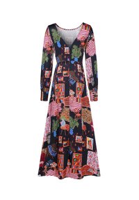 Langärmliges Kleid in Schwarz mit V-Ausschnitt, bunten Mustern von Möbeln und Pflanzen sowie einem fließenden Rockdesign.