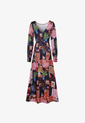 Langärmliges Kleid in Schwarz mit V-Ausschnitt, bunten Mustern von Möbeln und Pflanzen sowie einem fließenden Rockdesign.