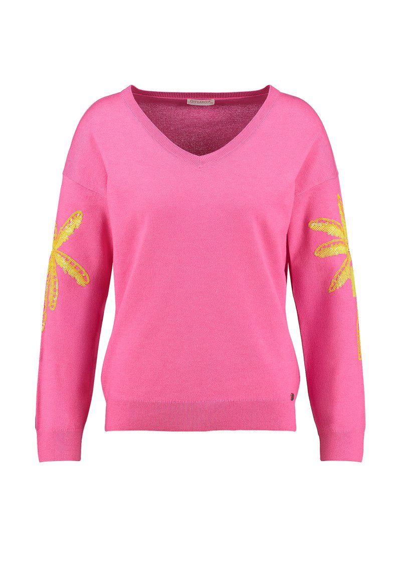 Maglione rosa acceso con scollo a V, maniche lunghe e decorazioni floreali gialle su entrambe le braccia. Tessuto a maglia morbido con orlo a coste.