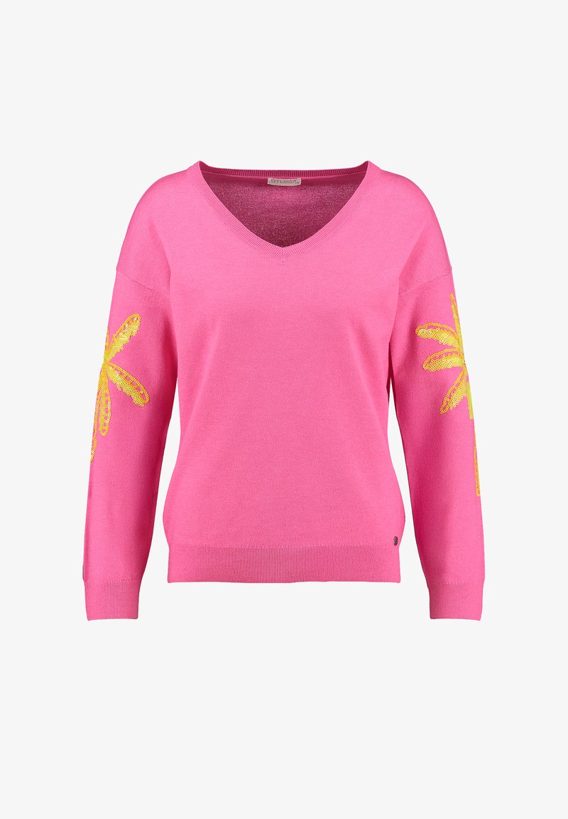 Maglione rosa acceso con scollo a V, maniche lunghe e decorazioni floreali gialle su entrambe le braccia. Tessuto a maglia morbido con orlo a coste.