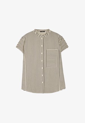 Prugešasta košulja kratkih rukava s crnim i krem prugama u vertikalnom smjeru, dugmetima sprijeda i džepom na prsima s horizontalnim prugama.