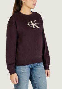 Ciemnofioletowa bluza z okrągłym dekoltem. Z logo „Calvin Klein” w kolorze beżowym. Miękka tkanina z prążkowanymi mankietami i ściągaczem na dole. Luźny krój.