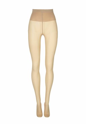 Collants beiges transparents avec une large ceinture haute beige plus foncée, présentés sur un mannequin de jambe vue de face.