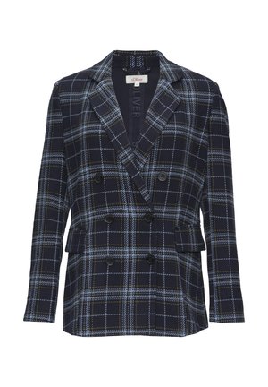 Diepblauwe dubbelgeknoopte blazer met een blauw-geel ruitpatroon, notch revers, en twee zakken aan de voorkant met zwarte knopen.