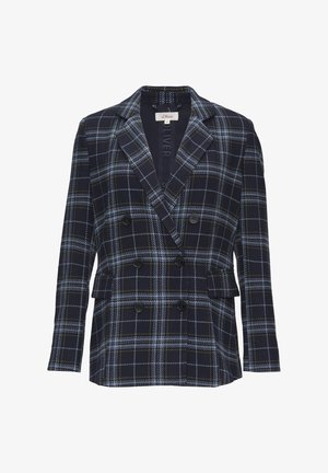 Niebieska marynarka dwurzędowa z wzorem w niebiesko-żółtą kratę, z klapami w stylu notch oraz dwiema przednimi kieszeniami z czarnymi guzikami.