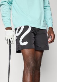 Black shorts with a white abstract design, paired with a light blue long-sleeve shirt. A golf club in the hand, wearing a white glove.