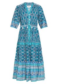 Maxi dress blu con pattern, scollatura a V, maniche a tre quarti, chiusura frontale con bottoni, dettagli con frange e cintura regolabile con cordino.