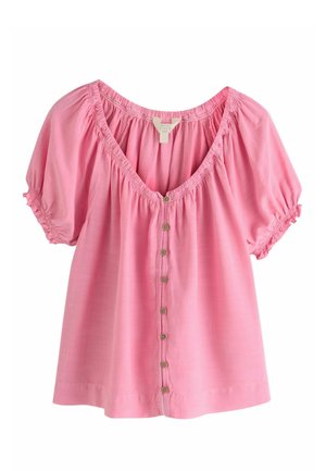 Pink linen blouse with short puff sleeves, v-neckline, and a row of seven front buttons. Elasticated waistband and textured fabric.
