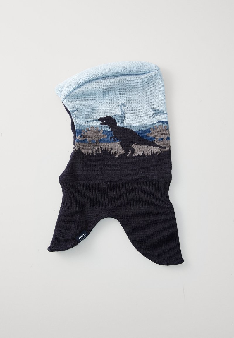 Gebreide balaclava in blauw en marineblauw, met een dinosaurusontwerp en textuuraccenten. Warm en snug, geschikt voor koud weer.