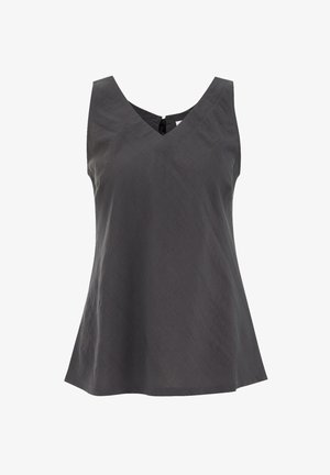 Siva brezrokavna majica z V-izrezom in A-linijsko silhueto. Tekstura tkanine in podrobnosti v obliki ključavnice na hrbtni strani s posamezno gumbom.