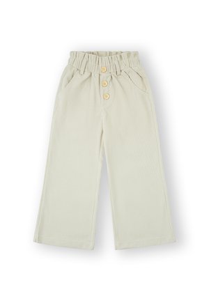 Pantalones de canalé verde claro con cintura elástica, tres botones de madera y bolsillos laterales. Diseño de pierna ancha con una textura suave.