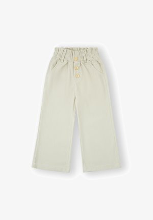 Pantalones de canalé verde claro con cintura elástica, tres botones de madera y bolsillos laterales. Diseño de pierna ancha con una textura suave.