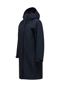 Giacca impermeabile navy con colletto alto e cappuccio staccabile. Presenta una silhouette dritta, maniche lunghe e polsini in Velcro.