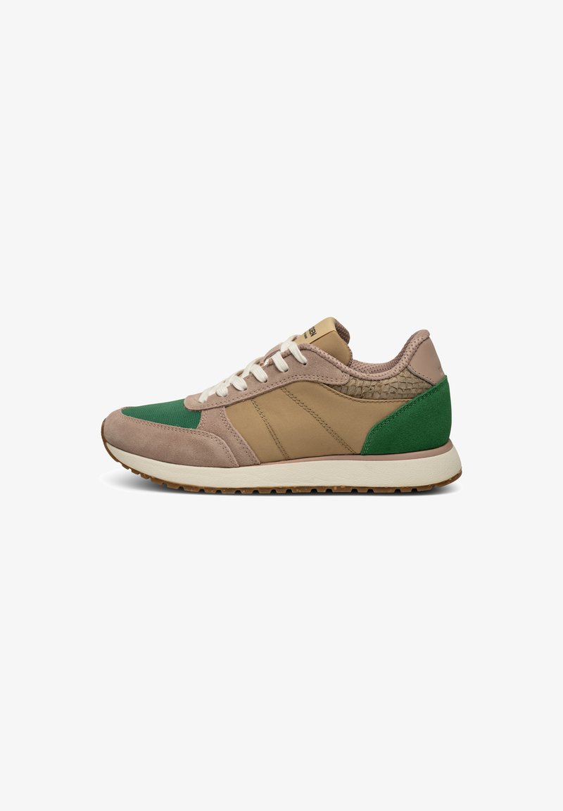 Sneakers z zamszu i skóry, w odcieniach brązowym i zielonym, z teksturowanym tyłem i sznurowanym przodem. Guma podeszwy.