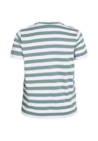 T-shirt rayé vert et blanc avec un col rond et des manches courtes, fabriqué en tissu doux, présentant des rayures horizontales régulièrement espacées.