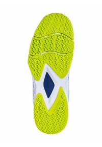 Suela de zapato en blanco, azul y amarillo brillante. Presenta un patrón de banda de rodadura texturizado para mayor agarre, con un diseño de soporte de arco distintivo.