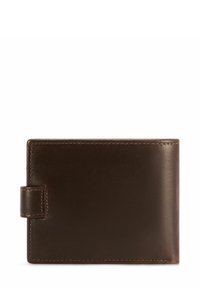 Brązowy portfel ze skóry o gładkiej fakturze, z dwuczęściowym składanym designem i zatrzaskiem; cechuje go czyste przeszycie i prosty, elegancki kształt.