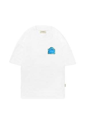 T-shirt blanc à manches courtes avec un petit motif sac à main bleu et le texte « Aeternity » sur la poitrine gauche.