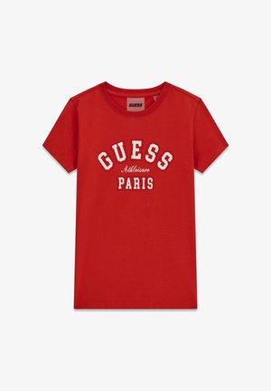 Piros pamut póló kerek nyakkivágással, rövid ujjú, fehér és fekete hímzett "GUESS Athleisure PARIS" felirattal.