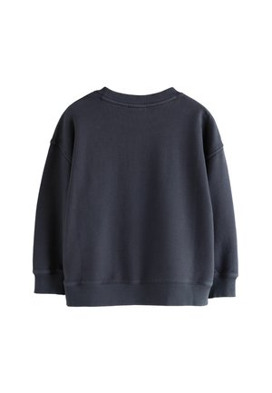 Marineblauwe sweatshirt met een losse pasvorm, ribbelkraag en boorden. Toont een gestructureerde stof en een ontwerp met verlaagde schouders.