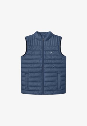 Navy plavi puffasti prsluk s visokim okovratnikom, prednjim patentnim zatvaračem i dva bočna džepa. Sadrži horizontalne kviltane šavove i naglasak na logotipu.