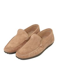 Beige Wildleder-Pantoletten mit glatter Textur, runder Zehenpartie und kontrastierenden Nähten. Die Sohle hat ein flaches Profil.