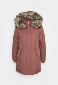 Brązowy ocieplany parka z kapturem z sztucznego futra, zamek błyskawiczny, kieszenie boczne i ściągacze przy mankietach. Gładki materiał o jednolitym wzorze.