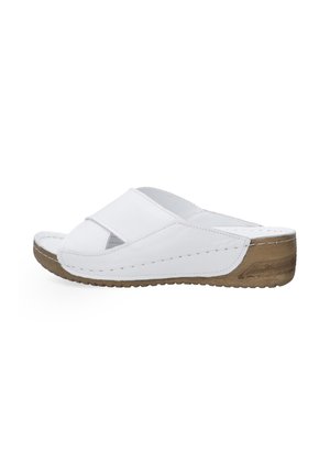 White leather slide sandals with two wide straps, featuring open toes and a textured brown sole for grip.