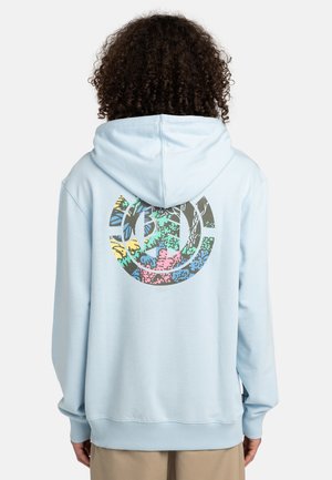 Light blue hoodie with a large, multicolored graphic on the back featuring tropical elements. Soft fabric, relaxed fit, and drawstring hood.