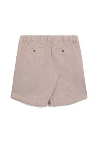 Hellbraune Shorts aus strukturiertem Stoff, mit einem elastischen Bund, zwei hinteren Taschen mit Knopfverschlüssen und einem lässigen Schnitt.