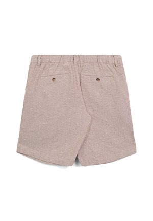 Pantaloncini marroni in lino con una finitura testurizzata, dotati di una cintura elastica e due tasche posteriori con chiusure a bottone.