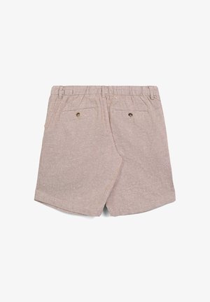 Braune Leinen-Shorts mit strukturierter Oberfläche, ausgestattet mit einem elastischen Bund und zwei Gesäßtaschen mit Knopfverschlüssen.
