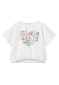 Biała koszula z krótkim rękawem i zebranym dołem, z kwiatowym wzorem serca w odcieniach różu i zieleni. Miękki materiał bawełniany.