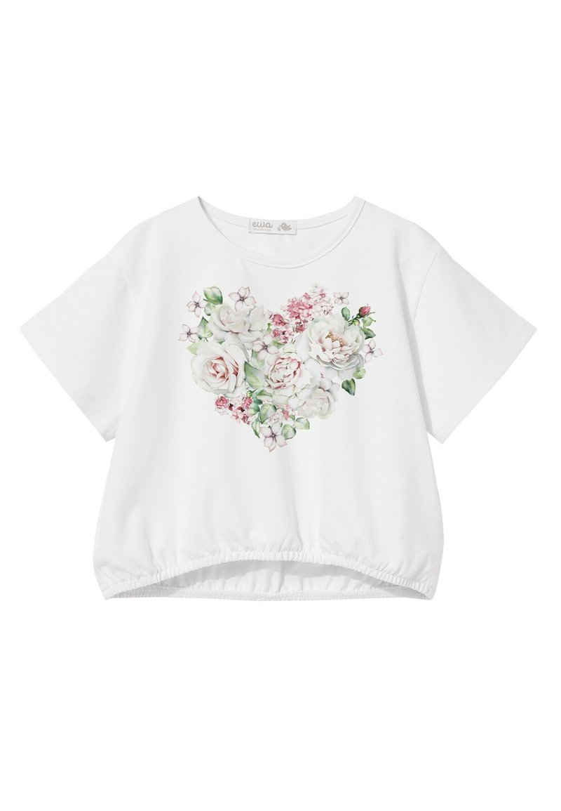 Biała koszula z krótkim rękawem i zebranym dołem, z kwiatowym wzorem serca w odcieniach różu i zieleni. Miękki materiał bawełniany.