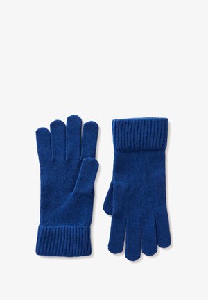 Guanti azzurri lavorati a maglia con polsino a coste, dotati di cinque aperture per le dita e una texture morbida. Realizzati in tessuto elastico per comfort.