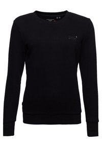 Sudadera negra de manga larga hecha de un tejido suave, con cuello redondo, puños acanalados y un pequeño detalle de logo en el pecho.