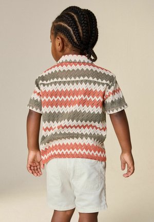 Ungt barn med fletninger iført en trøje med rødt, hvidt og grønt zigzag-mønster og lyse shorts, set bagfra.