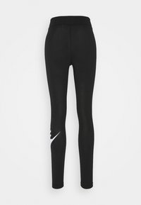 Svarta leggings med hög midja, figurnära design, slät textur och en vit logotyp på nedre vänstra sidan.