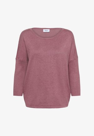 Ružičasti džemper sa slobodnim krojem, širokim izrezom i rukavima do tri četvrtine. Izrađen od teksturiranog pletiva.