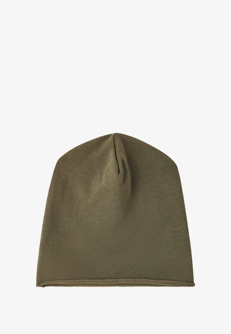 Berretto verde oliva, realizzato in morbido tessuto a maglia. Presenta una parte superiore affusolata e un design semplice e pulito, privo di decorazioni.