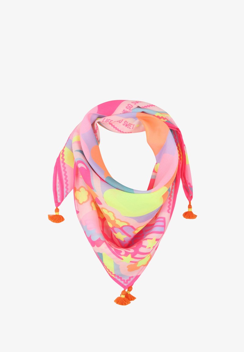 Kleurvolle zijden sjaal in tinten van roze, oranje en blauw, met speelse patronen en franjes aan twee hoeken. Lichtgewicht en zachte textuur.