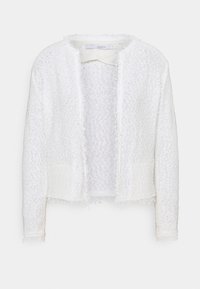 Biała teksturowana kurtka z postrzępionymi krawędziami, otwartym przodem i długimi rękawami. Wykonana z tkaniny o subtelnym połysku, z dwoma bocznymi kieszeniami.