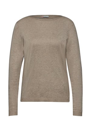 Top de punto de manga larga beige con un cuello redondo, puños acanalados y dobladillo, que presenta una textura suave y un corte relajado. Etiqueta en el cuello.