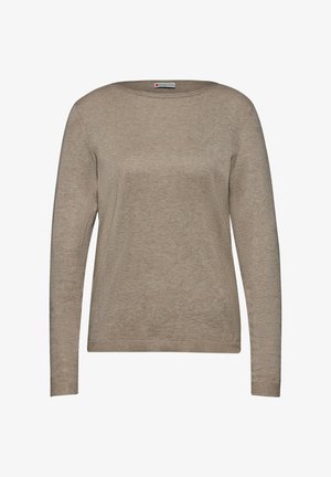 Beige langemouw gebreid top met een ronde halslijn, ribbelmanchetten en zoom, met een gladde textuur en een relaxte pasvorm. Label op de kraag.