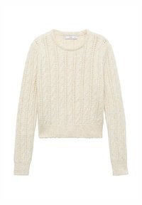 Pull en maille torsadée de couleur crème, avec manches longues, col rond, ourlet et poignets côtelés.